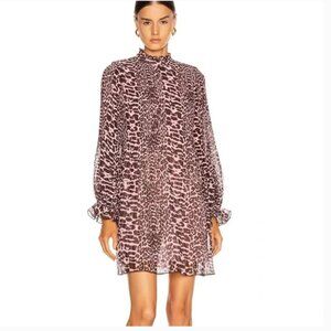 Ganni Pleated Georgette Mini Dress Leopard Print Pink Brown Size 4
